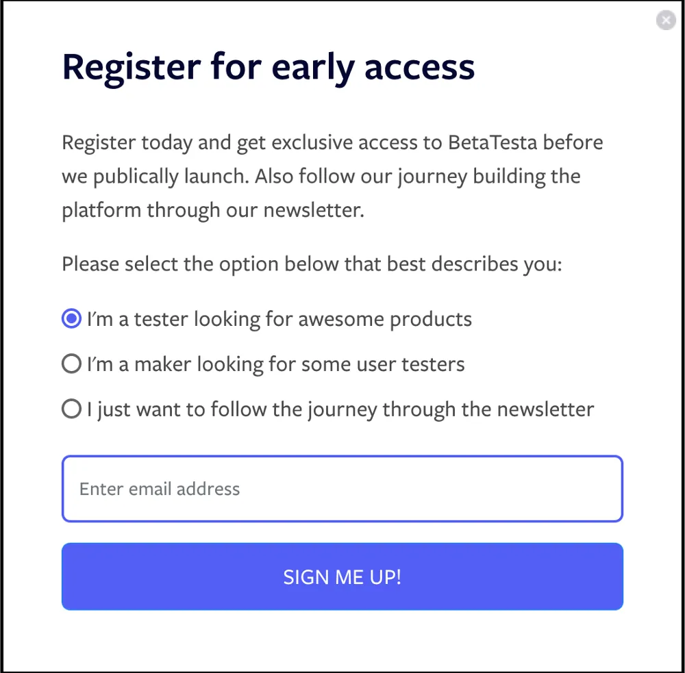 Registration popup BetaTesta